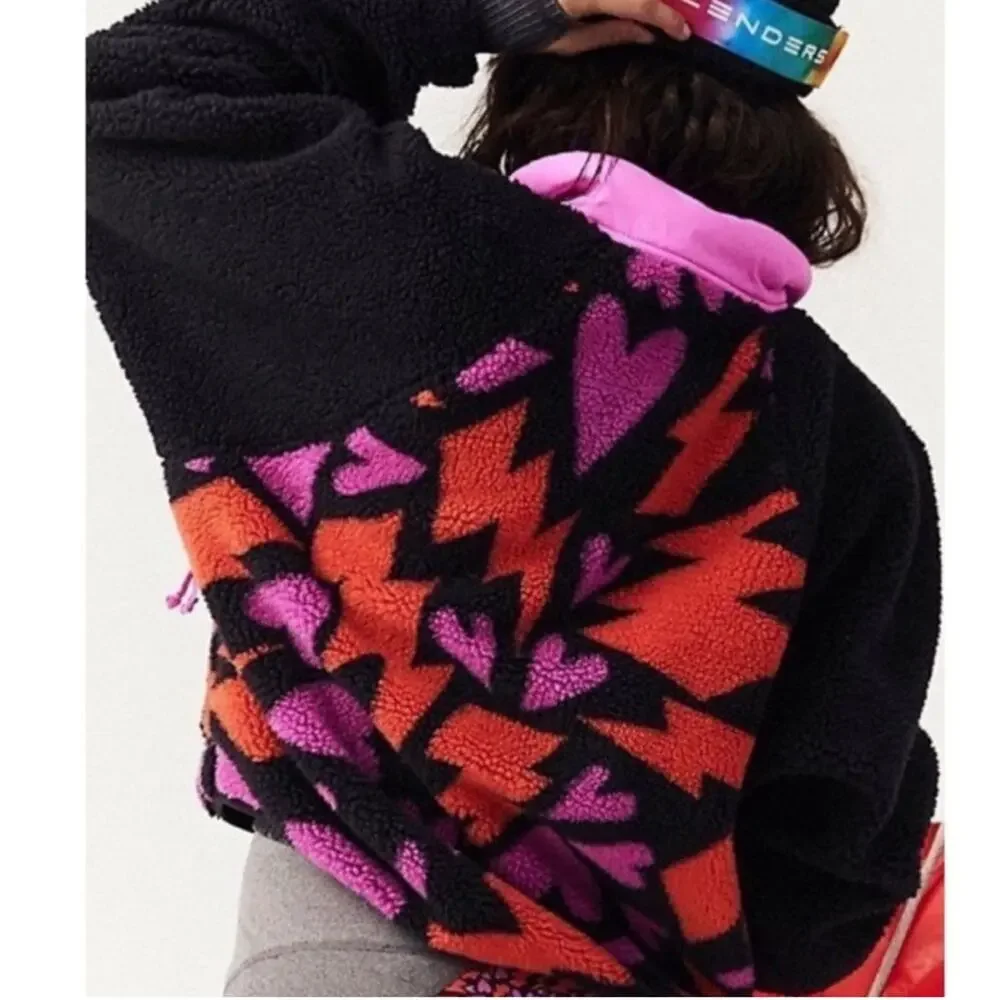 NWT NEW Free People Rocky Ridge Fleece Jacket Pullover Bolts of Love Heart Print
